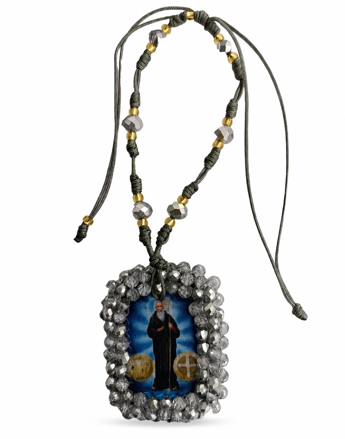 Pulsera devocional negra y dorada con medallón